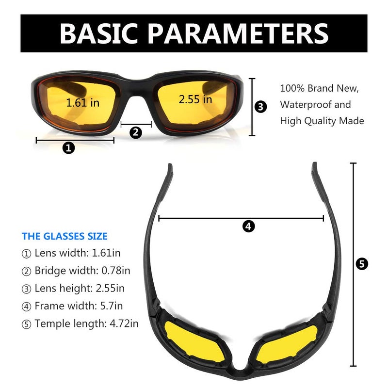 surpassme 3 Pair Motorcycle Riding Glasses Padding Goggles UV Protection Dustproof WindproofMotorcycle Sunglasses with Yellow Lens for Outdoor sports Actives - Image 5